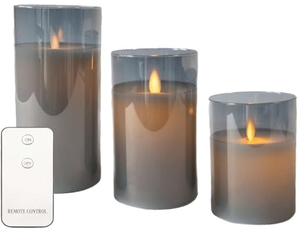 INTIRILIFE 3x Kerzen flammenlose LED Kerzen aus Wachs im Glas in Smoky Grau - 7.4 x 15/12.5/10 cm - Stumpenkerze mit Fernbedienung batteriebetrieben Deko Idee