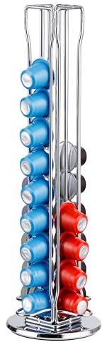 Baroni Home Portacapsule per Caffè in Metallo Cromato, Supporto Porta Capsule Color Argento, Accessori Cucina per Macchinetta Caffè, 40 Capsule, Colonna Girevole, 11x11x37 cm