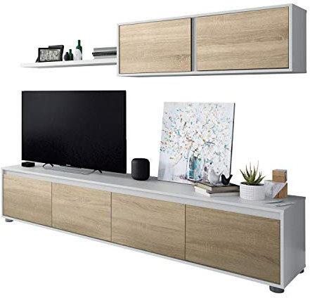HOGAR24 ES Conjunto para Salón, Mueble TV y Módulo Superior, Color Roble Canadian y Blanco Artik