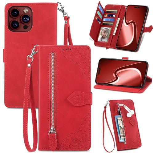 JayModCase Handyhülle für iPhone 15 Pro Max, PU Leder Magnetverschluss Handytasche, mit Reißverschlusstasche Ständer Kartenfächer Hülle Kompatibel mit iPhone 15 Pro Max - Rot