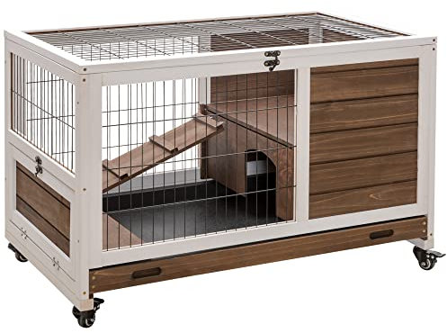PawHut Clapier à Lapin sur roulettes Cage à Lapin 2 étages Porte verrouillable Toit ouvrant Plateau Coulissant Rampe Bois de Sapin Marron Blanc