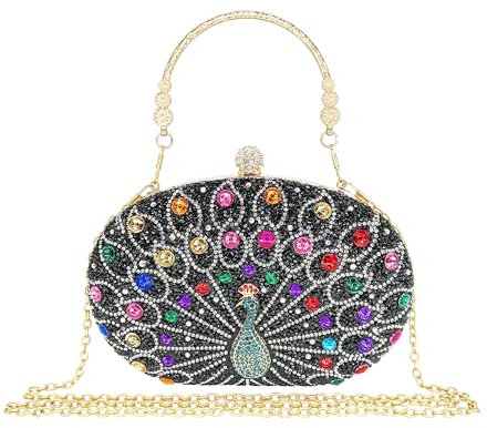 MAIRLOM Clutch-Geldbörse mit Strasssteinen für Damen, Abendveranstaltung, Hochzeit, formell, runder Perlenverschluss, Handtasche, Kristall-Diamant-Tasche, Schwarzer Pfau