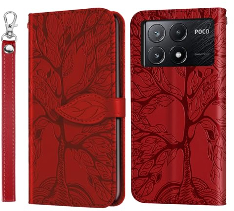 Rostsant Funda para Xiaomi Poco X6 Pro 5G - Carcasa de Cuero PU con Árbol en Relieve, Cartera Magnética y Billetera - Rojo