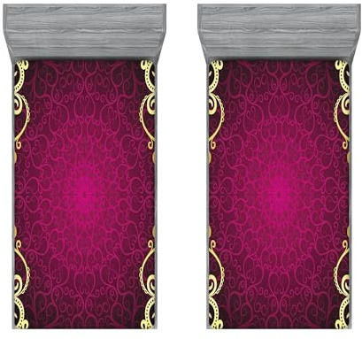ABAKUHAUS Mandala Spannbettlaken-Set, Lila Rahmen Curls, Bettbezug mit Rundum-Gummizug tiefer Einschub 2 Stück, 90cm x 200cm,Blassgelb Fuchsia