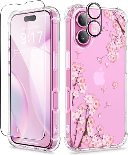 GVIEWIN Compatible with iPhone 16 Plus Case 6.7 2024 with Screen Protector&Camera Lens Protector, Clear Floral Anti-scratch Shockproof Drop Protection Cover for Women Girl,Sakura/Pink