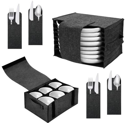 Lot de 2 porte-assiettes en verre pour caravane, camping-car, cuisine, camping, avec 8 compartiments pour assiettes et 6 porte-gobelets, sac de rangement de vaisselle en feutre avec poignées pour