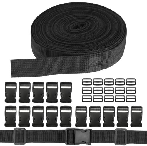 Sangle Nylon 25 mm x 10 m, Nylon Sangle Lourde En Noir, Sangle En Nylon, Nylon Sangle avec 15 Boucle Plastique Clip et 15 Tri-Glide Curseur Plastique, pour Mallettes de Transport, Sac à Dos, Tente