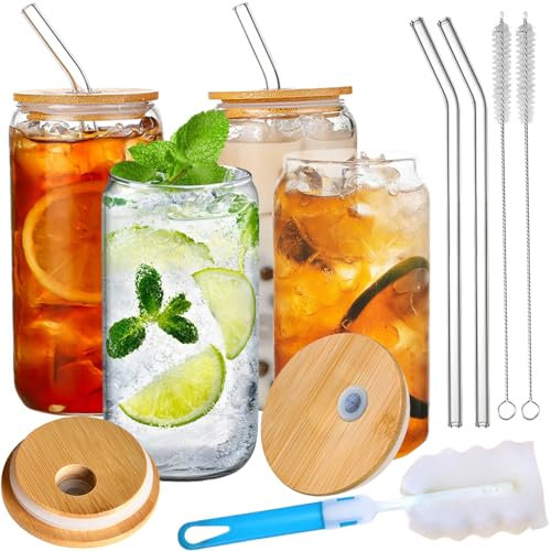 4 Pièces Verre Matcha avec Paille, Couvercle Bambou et Brosse, 500ml/17oz Tasse Jus Fruits Facile Nettoyer, Canettes Bubble Tea Réutilisables pour Smoothie/Cola/Soda/Bière/Café Glacé/Whisky/Cocktail