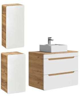 Vente-unique-Mueble de baño Flotante con Lavabo sobre encimera y Dos columnas - Color Natural y Blanco - 80 cm - Aruba