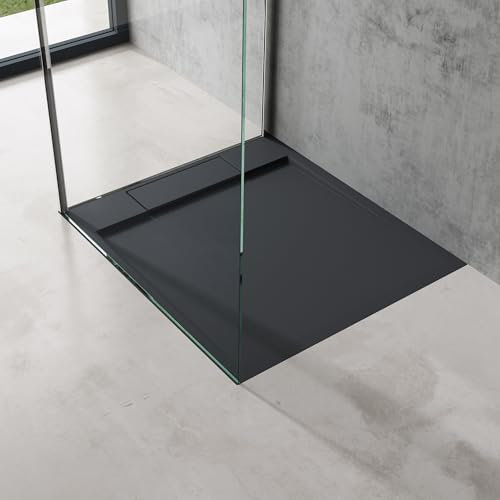 doporro Duschtasse Duschwanne 70x80x4 flach Mineralguss in Anthrazit DIN-Anschlüsse für bodenebene Montage geeignet Geoma04