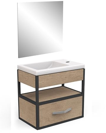 Mueble Lavabo con Espejo y 1 cajón de Madera ecológico – Color Roble Hamilton y Acabados Negros – Baño Gama Line – 25 x 27 x 40, 3 cm