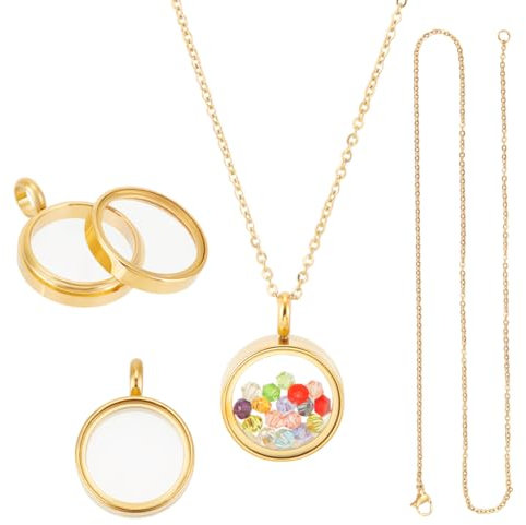 UNICRAFTALE 2-Sets 18K Vergoldete Memory-Medaillon-Anhänger mit 45cm Kette, Schwimmende Medaillon-Anhänger aus Edelstahl, 15mm Glas-Fotorahmen für DIY-Projekte, Unisex, Gold, 2 Stück