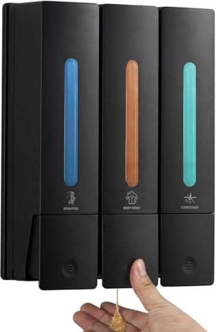 Raddile Shampoo and Conditioner Dispenser Wall Mounted, No Drill Shampoo Dispensers for Shower, Shower Gel Dispenser for Bathroom Hotel (3 Chamber Dark Black)