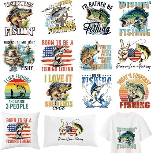 Fishing Iron on Transfers, 12 PCS Outdoor DTF Heat Transfer Vinyl, Fun Iron on Patch Applique Decals for T-Shirts Bags Clothing Pillow, DIY Crafts for Father