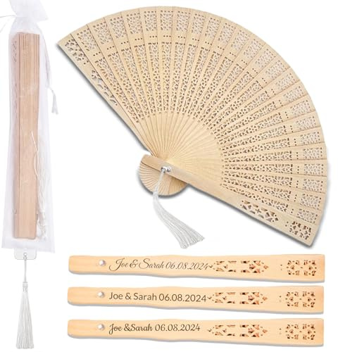 zyinoant 10Pcs Personalized Wooden Hand Fans Wedding Favors For Guests Bulk Foldable Fans Handheld Personalized Wedding Party Gifts With Tassel Yarn Bags (10)