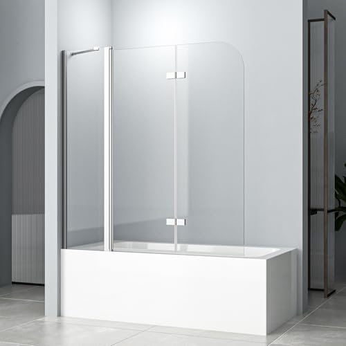 Duschwand für Badewanne 150 x 140 cm mit Festglas 3 teilige Duschwand Badewannenaufsatz Faltbar Badewannen Duschabtrennung, 6 mm ESG Sicherheitsglas