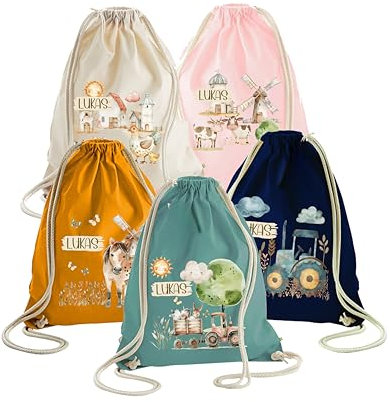 wolga-kreativ Turnbeutel Bauernhof Kinder – Traktor, Tiere, Pferd, Dorf & Hühner Sportbeutel Junge Stoff & Kindertasche Mädchen Turnsaeckchen Kindergarten Kita mit Namen