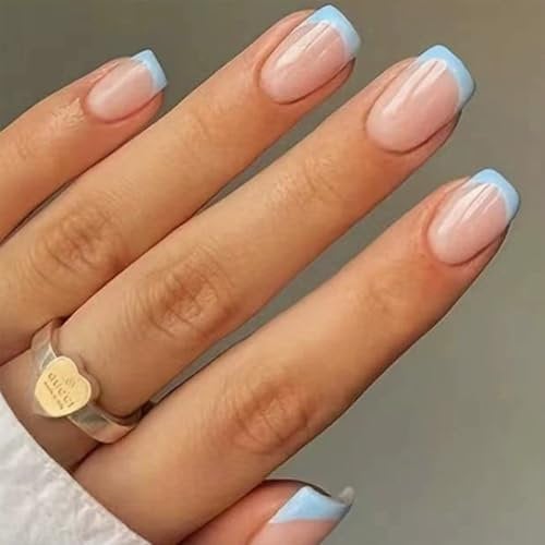 24PCS Baby Blue French Tip Press on Nails – Short Square & Coffin Shape Acrylic Fake Nails, 12 Sizes Full Cover, Full Cover Glue on Nails, Elegant Design, Durable & Long-Lasting, Easy Nail Art Set
