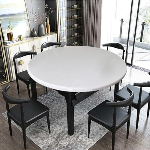Elastische Tischdecke Rund 110cm, Outdoor Gartentischdecke mit Gummizug | Weiß Tischdecke Abwaschbar, Rutschfest & Wasserdicht, für Esszimmer, Balkon & Garten