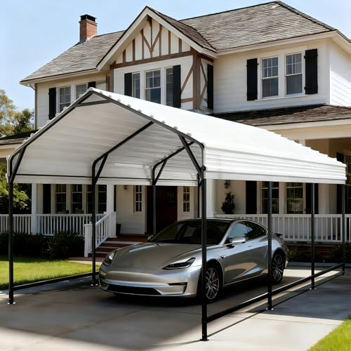 SAILARY Metal Carport 3 x 4.6m Heavy Duty Car Port Outdoor Canopy Steel Roof All-Weather Multi-Use Garage Shelter for Car, Boat, Tractor and Truck