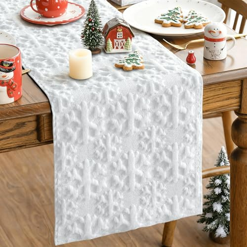 JOTOM Weihnachten Tischläufer, Plüsch Tischband Küche Esstisch Dekoration für Party Wohnzimmer Esszimmer Garten, Innen & Außen Schneeflocken Weihnachtstischdecke Weihnachtsdeko (40x300cm, Weiß)