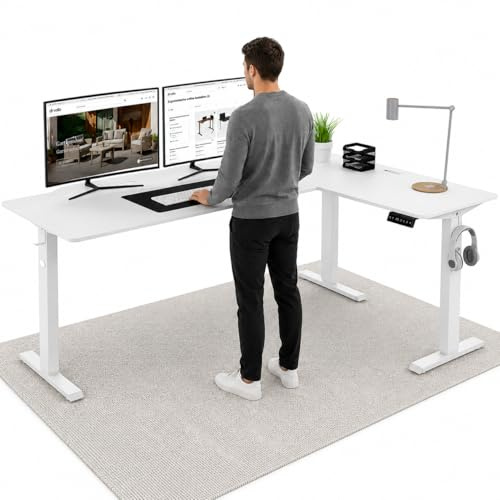 di volio Höhenverstellbarer Eckschreibtisch Trani rechts – elektrisch mit 2 Motoren & Memory-Funktion, Standing Desk mit Kabeldurchlässen & Haken, leise & ergonomisch (Weiß)
