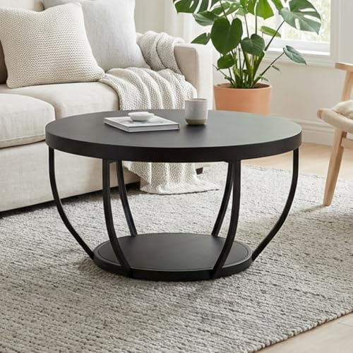 Home Collective Couchtisch Ø 80 cm rund, moderner Beistelltisch mit 2 Ablagen, Wohnzimmertisch mit Metallgestell 46 mm Tischplatte, Sofa-Tisch, idealer Ablagetisch für Wohnzimmer Deko | Schwarz