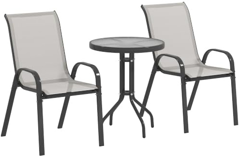 Outsunny 3 Pièces Salon de Jardin Extérieur Fauteuils Empilables Gris Clair | 2 Fauteuils, Table Basse, Dessus en Verre Trempé, Tissu Textilène, 2 Personnes, Balcon, Patio, Terrasse