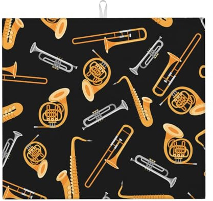 Cozimangoe Saxophone Trombone Music Black, Dish Drying Mat, 18x16 Inch Absorbent Microfiber Quick Dry Machine Washable for Dishes Pots Pans Glassware Coffee Bar Under Rack