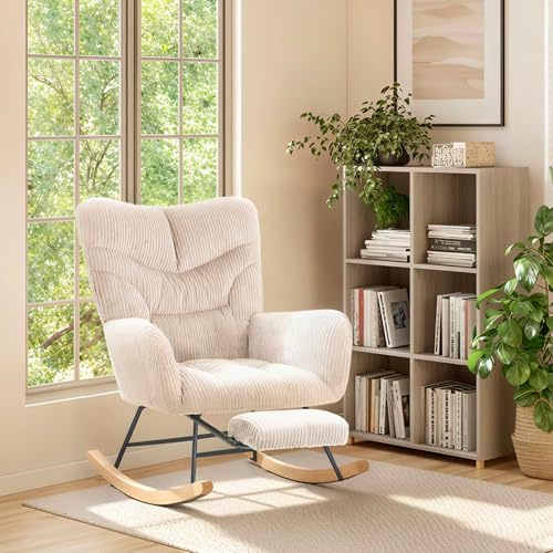 FLEXISPOT Rocking Chair with High Backrest & Armrests - Modern Swing Chair with Wooden Skids, Padded Recliner Chair for Living Room & Bedroom, Maximum Load 120 kg, White