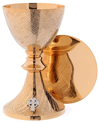 Holyart Calici Pissidi Patene metallo: Calice e Patena in ottone dorato con decoro intagliato 20 cm