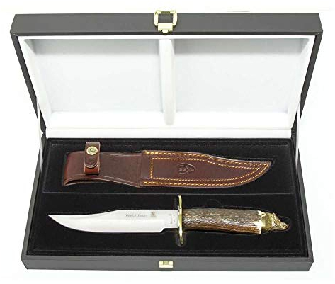 Muela Cuchillo WOLF-16A hoja de acero MoVa de 16 cm y empuñadura de asta de ciervo para Caza, Pesca, Supervivencia y Bushcraft Realizado en Ciudad Real + Portabotellas de regalo