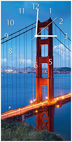 Wallario Design-Wanduhr Golden Gate Bridge in San Francisco USA aus Glas, Motiv-Uhr Größe 30 x 60 cm, weiße Zeiger