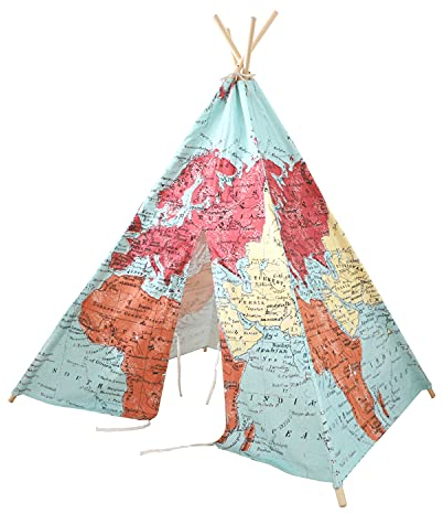 SUNNY Tipizelt für Kinder mit Weltkarte in Farbe | Indienner / Tipi / Wigwam Zelt für Kinderzimmer | Spielzelt aus Baumwolle 120x120 cm