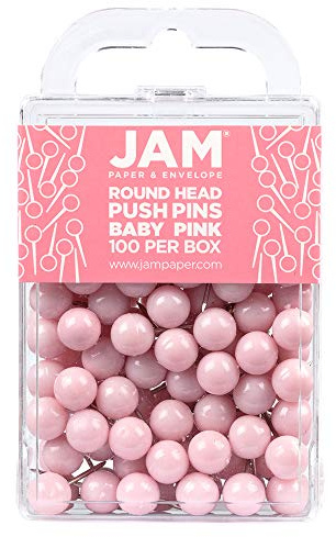 JAM PAPER Colorful Push Pins - Round Head Map Thumb Tacks - Baby Pink Pastel Pushpins - 100/Pack