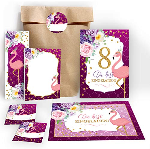 JuNa-Experten 12 Einladungskarten zum 8. Kindergeburtstag Mädchen Flamingo Einladungen zum achten Geburtstag incl. 12 Umschläge, 12 Tüten/natur, 12 Aufkleber, 12 Lesezeichen, 12 Blöcke