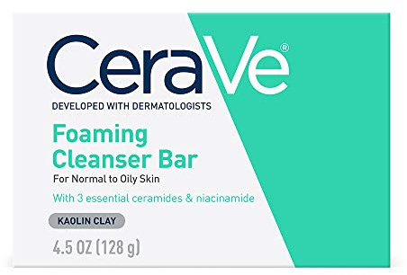 CeraVe Foaming Cleanser Bar, Soap-Free Body and Face Cleanser Bar for Oily Skin, Fragrance Free, 4.5 Ounce