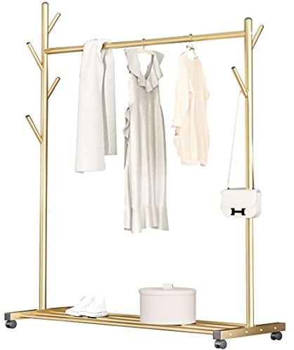 LMAMZ Porte-manteau sur Pied, Porte-vêtements Métal avec Roue Universelle 360°, 6 Crochets et Étagères pour Vêtements Chapeaux Écharpes, Minimaliste Cintre Chambre,D'or