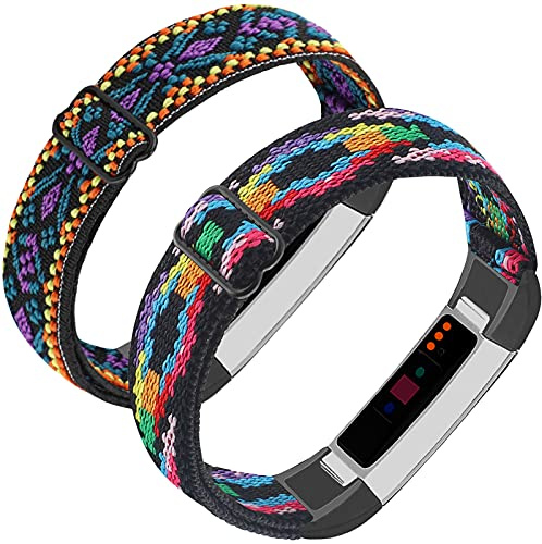 Adjustable Elastic Nylon Bands Compatible with Fitbit Alta and Alta HR Fitness Tracker, 2 Pack Braided Stretchy Wristband Accessory Bracelet Watch Strap Sport Replacement Band for Women Men