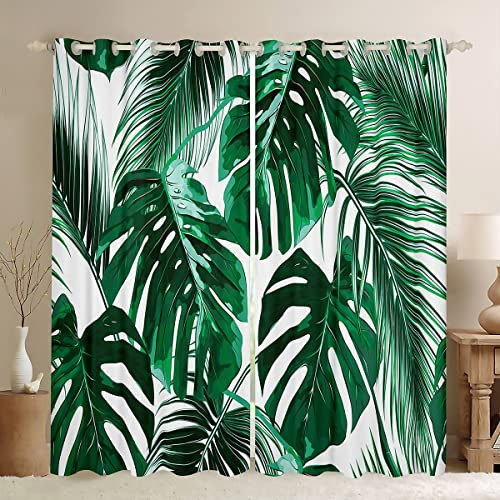 Loussiesd Palmblatt Drucken Vorhänge Tropische grüne Blätter Blickdichte Vorhänge Sommer Pflanzen Polyester Naturthema Weiß Grün Fenstervorhang 245x140cm für Kinder Erwachsene Jugendliche