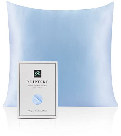 Taie d'oreiller en Soie Naturelle, hypoallergénique, 22 mm, 100% Soie, 600 Fils, avec Fermeture éclair dissimulée (65x65cm, Light Blue)