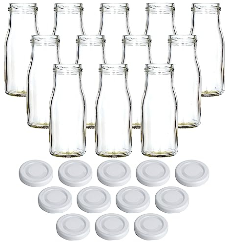 gouveo 12er Set Glasflasche 150 ml Smoothie mit Schraub-Deckel Weiss - Kleine Saftflasche 0,15 l mit TO43 Verschluss - Leere Flasche ideal zum Befüllen mit Saft und Smoothies
