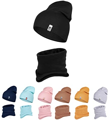 HEYO Kinder Beanie Mütze Schlauchschal Set für Mädchen Jungen Frühling Strickmütze Schal (Schwarz)