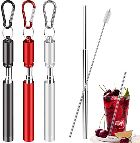 3 Set Teleskop Edelstahl Trinkhalme, Edelstahl Strohhalme Wiederverwendbar, Tragbare Metall Trinkhalme Teleskop Strohhalme mit Reinigungsbürste and Metallbox (10-22.5cm)