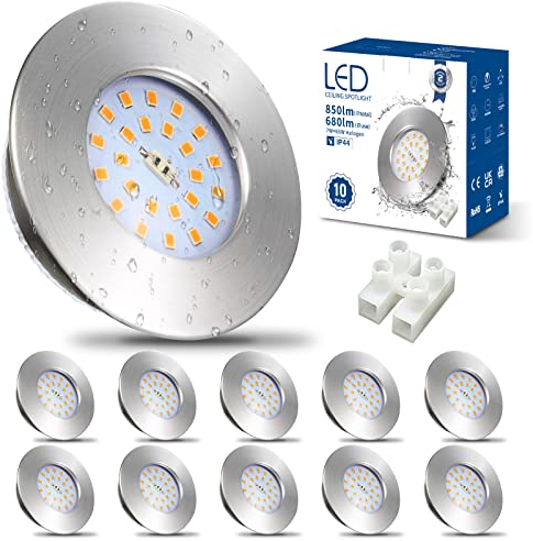 HiBay Einbaustrahler LED Flach 7W LED Spot Badezimmer IP44 Deckenspots Rund Matt Nickel 3000K Warmweiß Einbauleuchten 850lm 10er Set