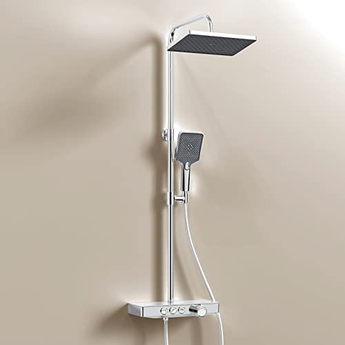 EMKE Colonne de douche Thermostat, 36 x 14 cm étagères en verre, douchette, 3 types de jets, douche à effet pluie, bec verseur, montage mural, Certification KTW, Chrome