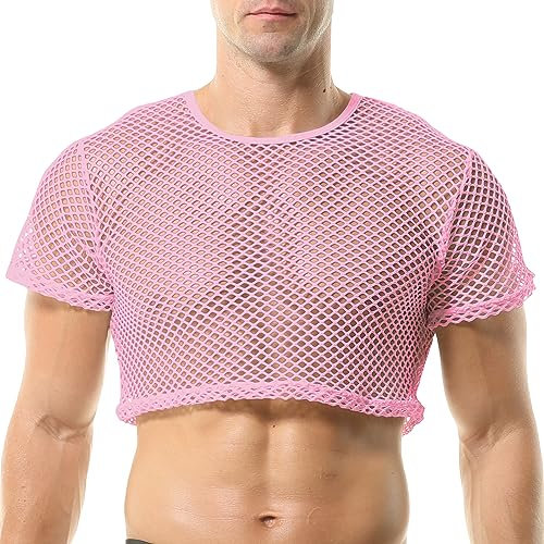 QiaTi Camisa de malla para hombre, transparente, manga corta, camiseta de malla, ropa interior sexy, 1#rosa, XL