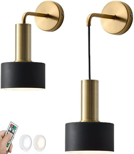ACLBLK Wall Light Battery Operated Sconce Set of 2 Gold Remote Wall Sconces for Wireless Battery Powered Wall Hanging Lamp Black Mid Century Modern Cordless Bedroom Bedside Chandelier Indoor White