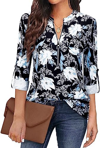 Siddhe Chemisier à col en V pour femme - Manches 3/4 - Tunique - Fermeture éclair - Manches longues, Fleurs bleues blanches, XXXL
