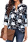 Siddhe Chemisier à col en V pour femme - Manches 3/4 - Tunique - Fermeture éclair - Manches longues, Fleurs bleues blanches, XXXL